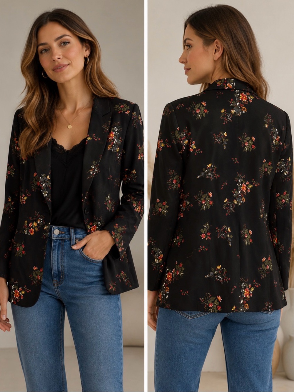 Simply Styled Black Floral Jacket with birds